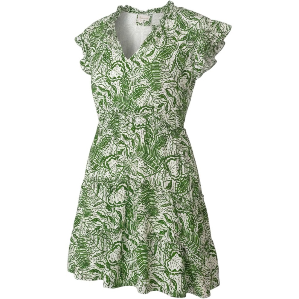 Green Leaf-Print V-Neck Sundress